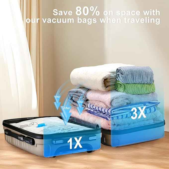 Vacuum Bags for Travel, 12 Pack with Hand Pump, Space Saver Vacuum Storage Bags, Travel Essentials, Clothes, Blankets, Pillows-NeatNest