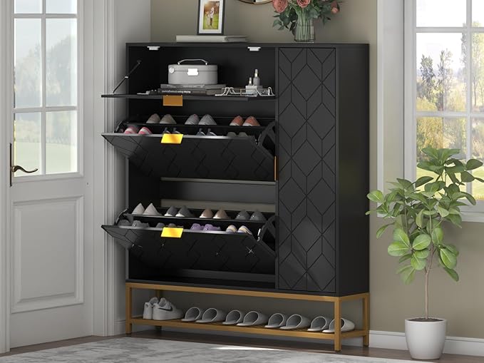Loomie Shoe Cabinet,Freestanding Tipping Bucket Shoe Rack Organizer with 2 Flip Drawers,Entryway Narrow Shoe Storage with Adjustable Storage Shelf &Top Cubby,Modern Slim Hidden Shoe Cabinet, Black-NeatNest