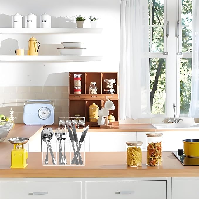 Clear Acrylic Cutlery Storage Organizer, Plastic Cutlery Utensil Holder Storage Organizer Caddy for Kitchen Countertop Organization, Holds Fork, Knife, Spoon, Pen, Silverware Tableware Storage Box-NeatNest