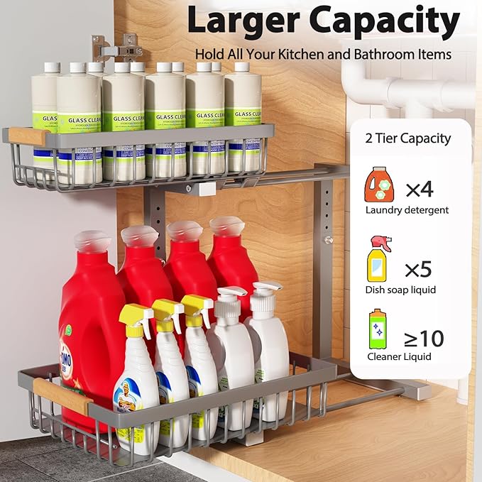 Under Sink Organizer Storage 2 Pack, 2 Tier Slide Out Height Adjustable Pull Out Cabinet Organizer Drawer for Kitchen Bathroom Large Under Sink Shelf Rack Caddy for Pantry, Grey-NeatNest