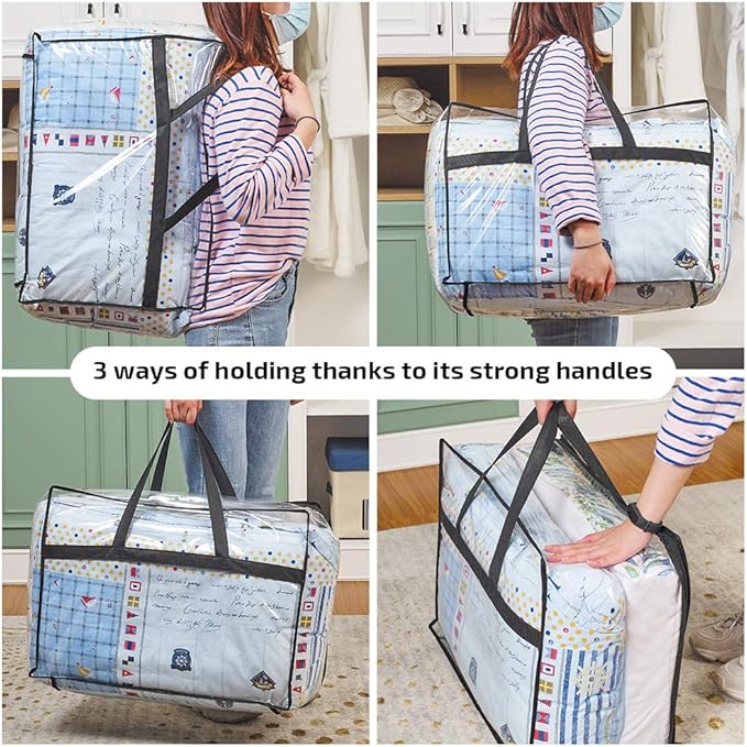 Clear Clothes Storage Bag Organizer with Reinforced Handle, Vinyl Storage Bags for Comforter, Blanket, Bedding, Toys, Transparent Moving Totes with Sturdy Dual Zippers, 3 Pack, 55 L, Black-NeatNest