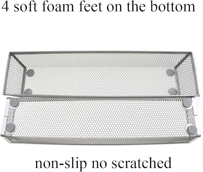 HAHIYO Stackable Mesh Tray Cup 12 x 3 x 2 inches Sturdy Container for Desk Drawer Organizer Collection for Home Office School kitchen Soft Foam Feet No Sharp Edges 2 Pack Silver-NeatNest