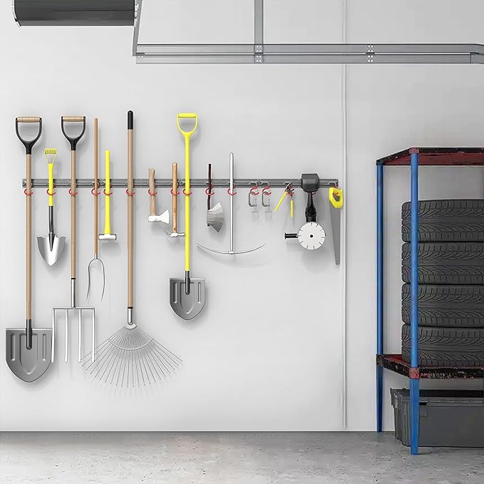 TORACK Metal Wall-Mounted Garden Tool Organizer for Garage, Mop and Broom Holder, Yard Tool Storage Rack for Rakes, Shovels, Mops, Brooms (4 Rails, 16 Hooks)-NeatNest