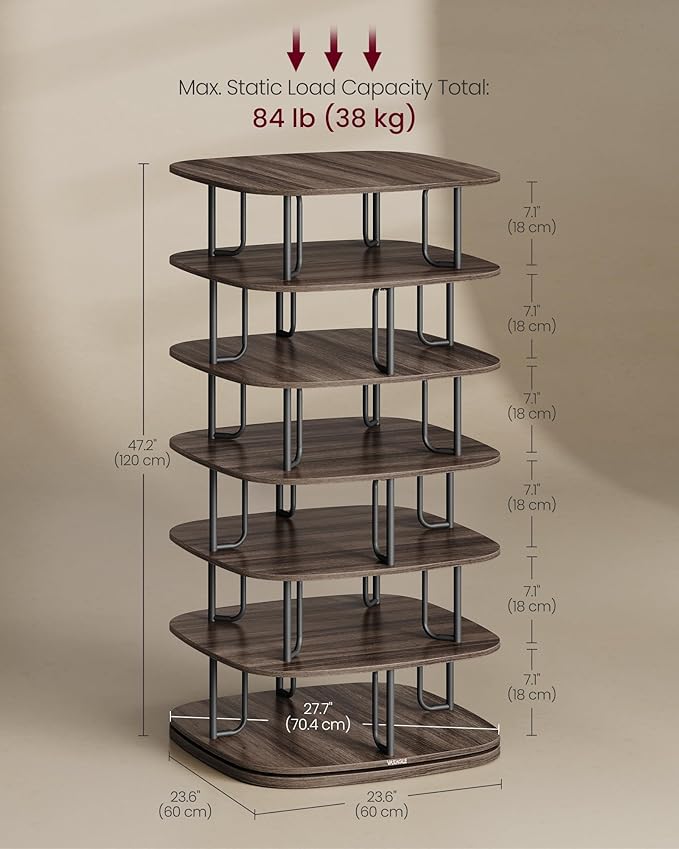 VASAGLE 7-Tier Shoe Rack, Rotating Shoe Rack Tower, Shoe Closet Organizer, Shoe Shelf, 28-35 Pairs, 23.6 x 23.6 x 47.2 Inches, for Entryway, Living Room, Closet, Ink Black and Ash Brown ULBS041B01-NeatNest