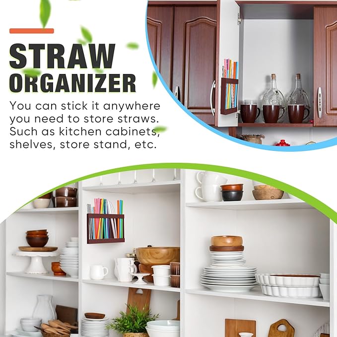 Acrylic Straw Holder for Cabinet Door with Double Sided Adhesive Tape Reusable Straw Organizer Tumbler Storage Kitchen Accessories Container for Counter Cupboard(Classic,Large,Brown)