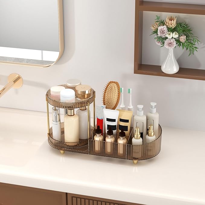 Makeup Organizer Countertop with 360 Rotating Perfume Trays, 7-Divider Vanity Skincare Organizers, Make Up Desk Organization and Storage with Cosmetic Brush Holder for Bedroom Bathroom Counter-NeatNest