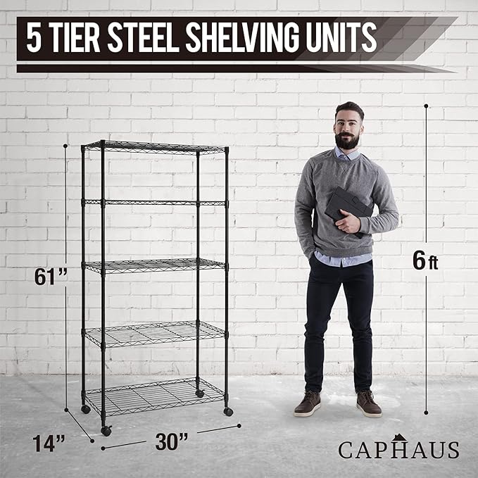 CAPHAUS 3/4/5-Tier Adjustable Height Wire Shelving Unit, Wire Rack Shelving, Metal Steel Storage Shelves, Garage Shelving Storage Organizer, Utility Storage Shelf, 5-Tier With Wheels, Black-NeatNest