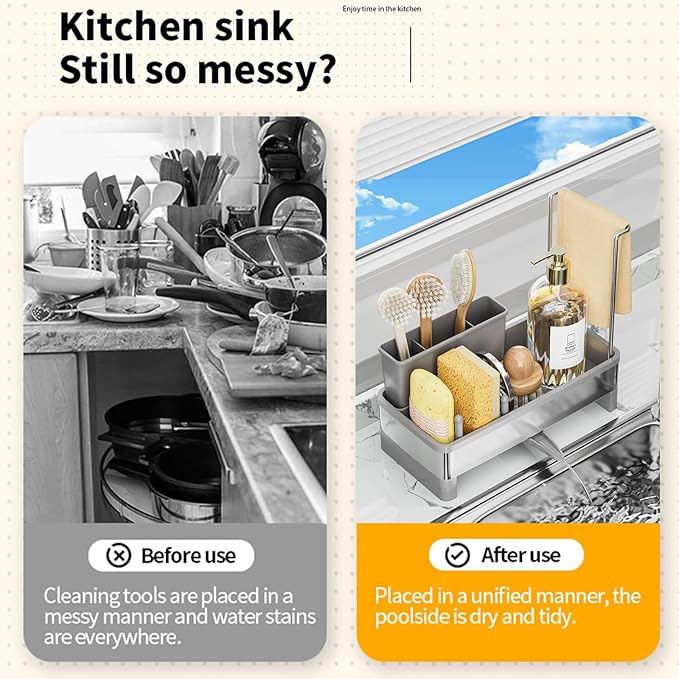 Sponge Holder for Kitchen Sink,Sink Caddy Organizer with Removable Brush Holder,Kitchen Countertop Soap Dispenser Storage with Detachable Towel Rack, Grey-NeatNest