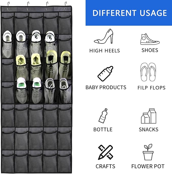 35 Pocket Over The Door Shoe Organizer, Door Hanging Storage Shoe Holder Rack for Large Capacity Shoe Organizer for Men and Women Kids Closet Bedroom Bathroom (Black)-NeatNest
