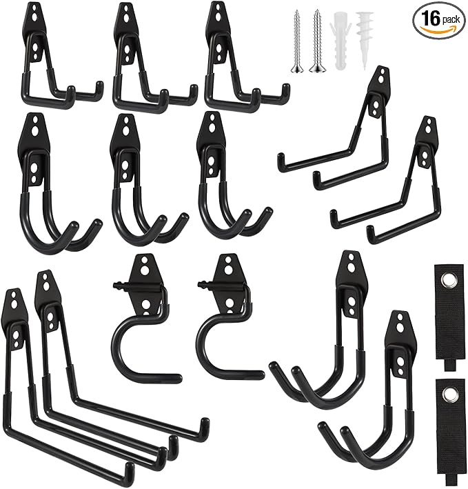 Garage Hook Heavy Duty Wall Storage Hangers, 16 Pack Garage Storage Hooks Steel Tool Organizer Black for Ladders, Ropes, Garden Tools-NeatNest