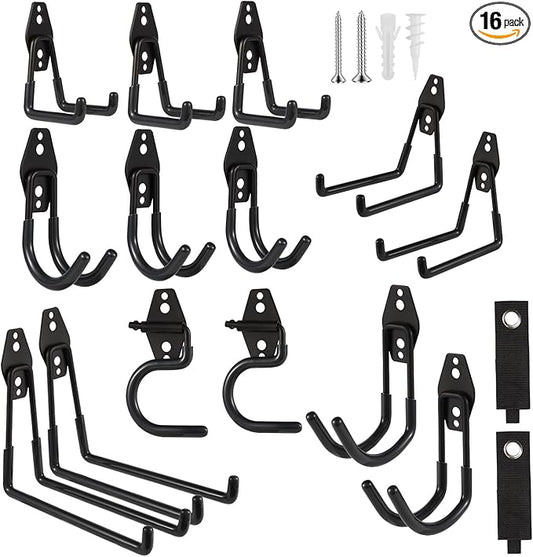 Garage Hook Heavy Duty Wall Storage Hangers, 16 Pack Garage Storage Hooks Steel Tool Organizer Black for Ladders, Ropes, Garden Tools-NeatNest