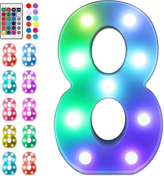 Foaky Colorful LED Number Lights with Remote, Marquee Light Up Number Sign for Night Light Wedding/Birthday Party Battery Powered Christmas Lamp Home Bar Decoration (8)-NeatNest