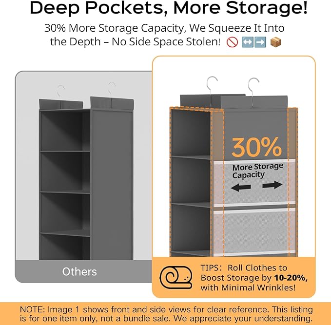 Extra Deep Hanging Closet Organizer with 6 Shelves and Oversized Mesh Pockets, Heavy-Duty Structure, No Deformation, Max Storage for Clothes, Shoes, Hats, Dorms and RVs, Grey,1-Pack-NeatNest