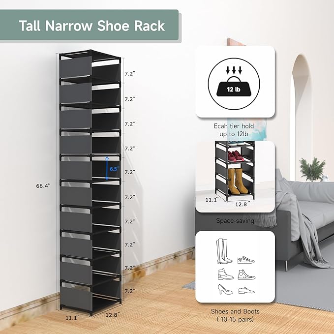 Vertical Narrow Tall Shoe Rack for Front Door Entrance,10 Tiers Sturdy Metal Shoe Rack Organizer for Closet Entryway, Storage Shelf, Space Saving Stackable Shoe Tower-NeatNest
