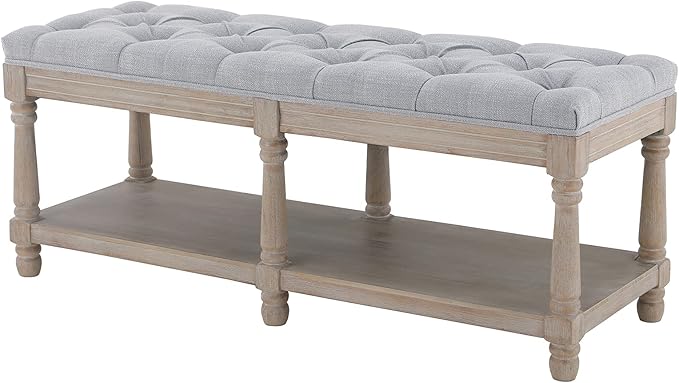 Kmax Storage Entryway Bench Tufted Shoe Rack Bench Wood Window Bench for Hallway Entrance Bedroom Corner, Gray