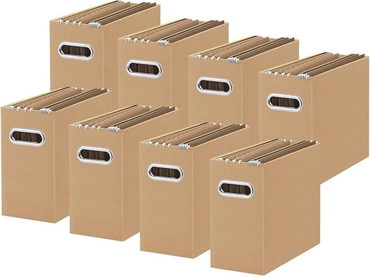 Oterri File Organizer, 8 Packs Small Storage Box, Cardboard File Folder Organizer, Collapsible File Box for Hanging File Folders Letter Size, Portable Filing Organizer with Handle (Brown)