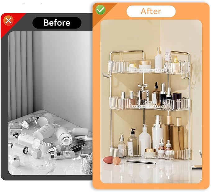 Makeup Organizer for Vanity 3-Tier Corner Bathroom Organizer Countertop with Hooks Bathroom Countertop Perfume Organizer Corner Bathroom Counter Corner Storage-Clear-NeatNest