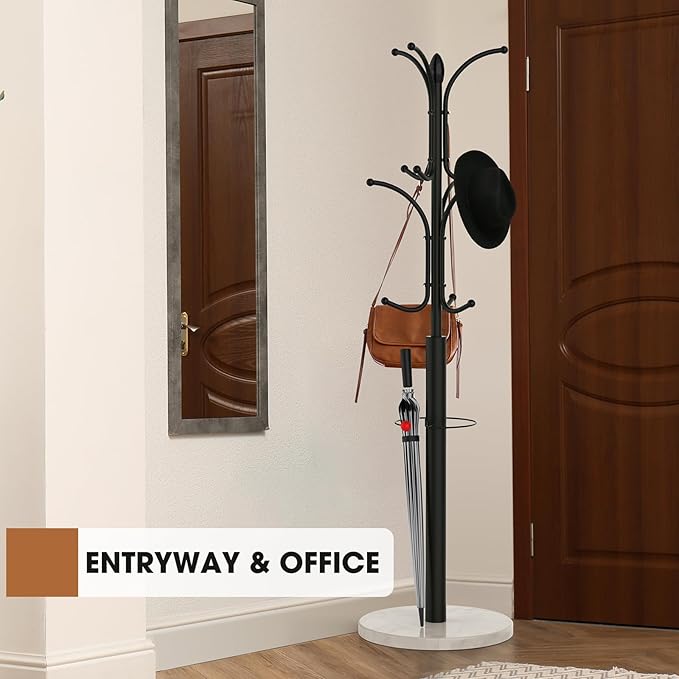 Coat Rack Freestanding,12 Hooks Coat Racks with Natural Marble Base & Umbrella Holder,Easy Assembly Coat Rack Stand for Hanging Scarf,Purse,Hats,Jacket(Black)-NeatNest