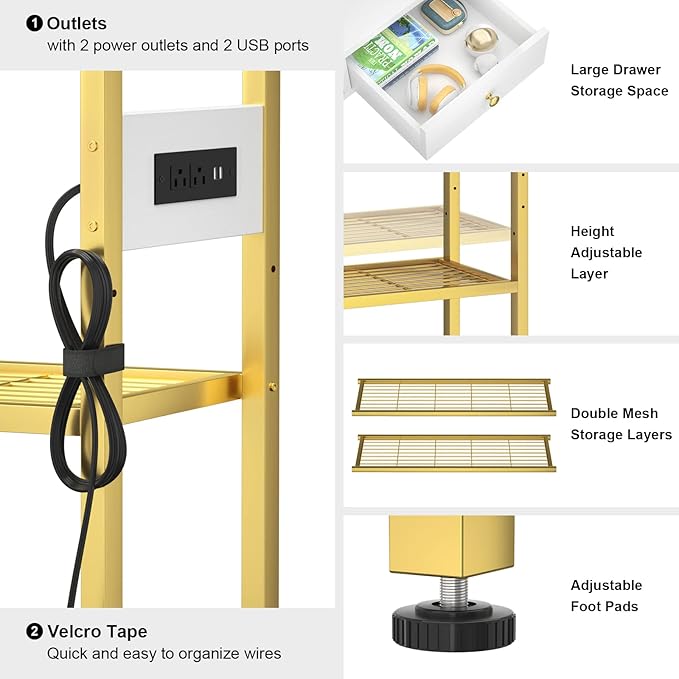 Ecoprsio 47'' Entryway Table with Outlets and USB Ports, Console Table with 3 Drawers, Sofa Table Narrow Long with Storage Shelves for Living Room, Couch, Hallway, Foyer, White and Golden-NeatNest