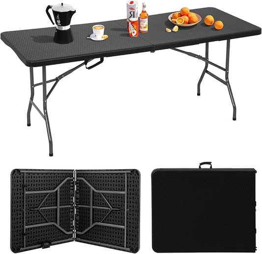 6ft Folding Table, Heavy Duty Foldable Table with Handle, Portable Fold-in-Half Utility Tables for Indoor & Outdoor Use Perfect for Camping BBQ Party Wedding Market Events, Black Ratten-NeatNest