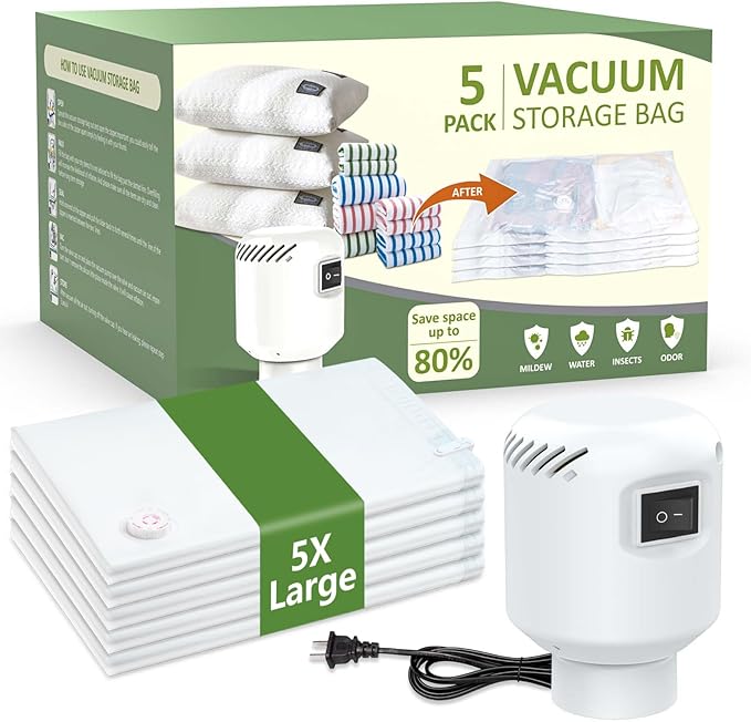 ZXA Vacuum Storage Bags with Electric Air Pump, 5 Pack Large 32''x 24'' Vacuum Seal Bags for Clothing, Space Saver Vacuum Storage Bags for Blanket, Duvets, Pillows, Comforters - White-NeatNest