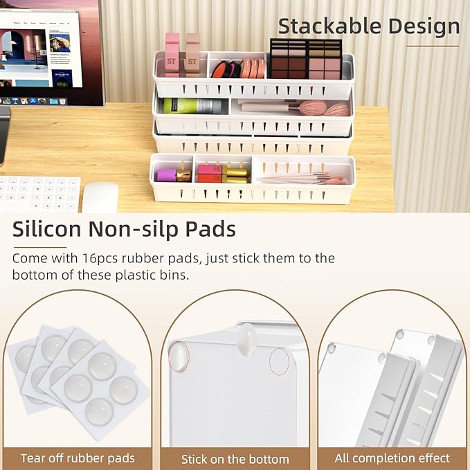Desk Drawer Organizer Tray 4 PCS Plastic Office Drawer Organizer Bins Junk Organizer Divider with Non-Slip Silicone Pads, Makeup Vanity Organizer for Drawer, White-NeatNest