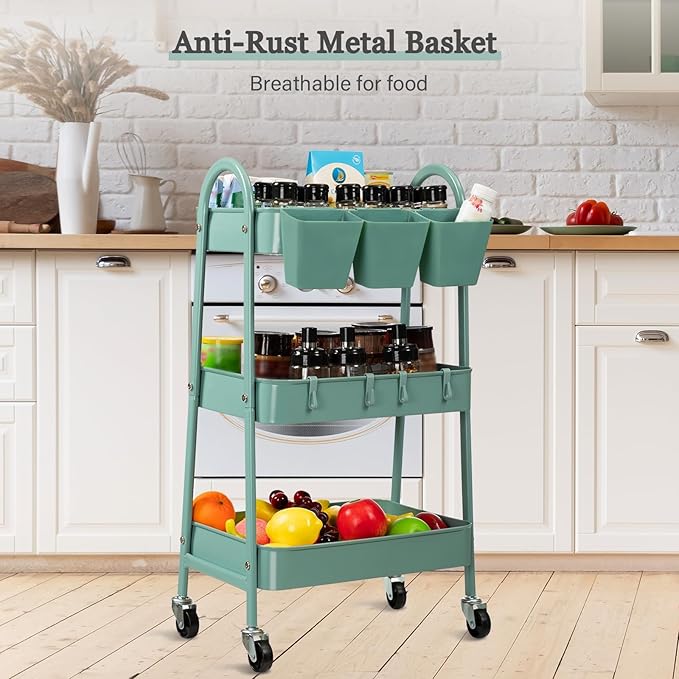danpinera 3-Tier Rolling Cart, Metal Rolling Storage Cart with Lockable Wheels & Hanging Cups & Hooks, Mobile Trolley for Kitchen, Bathroom, Office, Workshop, Green-NeatNest