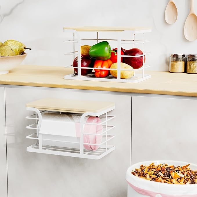 2 Pack Stackable Storage Kitchen Laundry Pantry Organizers,Trash Bag Holder Wall Mount,Garbage Bag Dispenser with Bamboo Top,White Large and Small-NeatNest