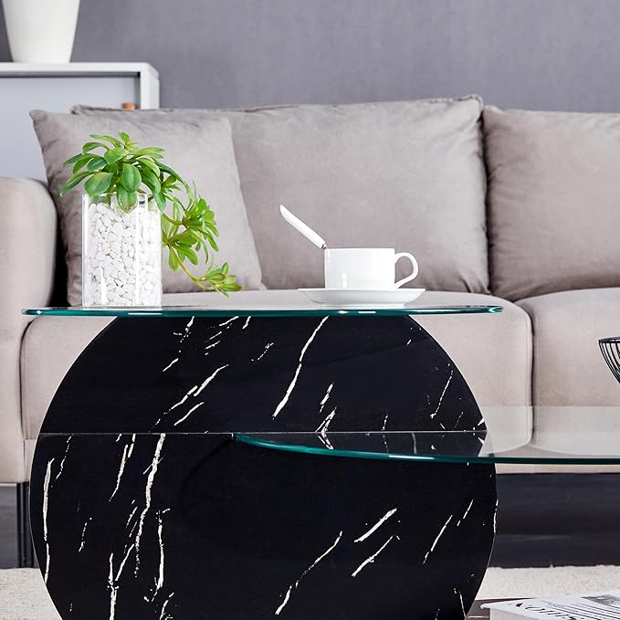 Glass Coffee Tables for Living Room Round Coffee Tables Modern Double Layer Round Table Circle Coffee Table for Small Space Home Office (35.4 Inch Black)