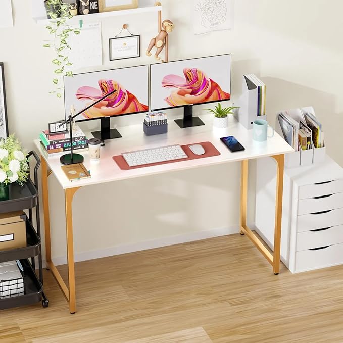 40 Inch Computer Desk for Bedroom，Sturdy Wooden Work Desk for Home Office，Simple Modern Style Tables with Metal Desk Legs Writing Study Table for Adults&Kids,White Gold