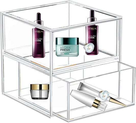 Acrylic Jewelry Box Clear Jewellery Storage Drawer Transparent Cosmetic Display Stand Holder Home Organizer Tray for Earring Necklace Rings Bracelet Makeup (2 drawer)-NeatNest