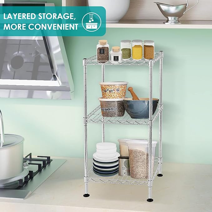 BNSPLY 3-Tier Adjustable Shelving Unit, Metal Wire Rack with NSF Certified, Leveling Feet, Standing Storage Shelf for Laundry, Bathroom, Kitchen, Pantry, Closet, Chrome-NeatNest