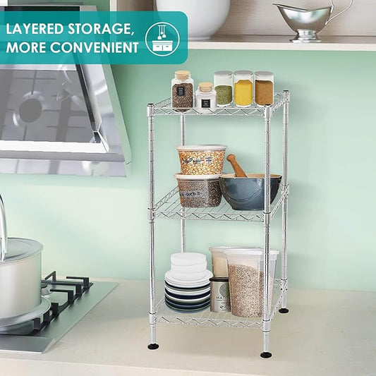 BNSPLY 3-Tier Adjustable Shelving Unit, Metal Wire Rack with NSF Certified, Leveling Feet, Standing Storage Shelf for Laundry, Bathroom, Kitchen, Pantry, Closet, Chrome-NeatNest