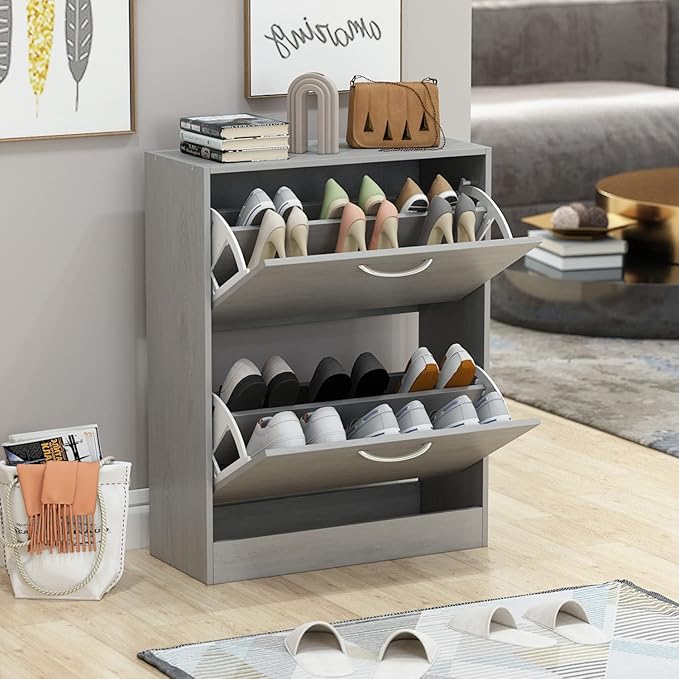 Homsee Modern Shoe Storage Cabinet with 2 Flip Drawers, Wood 2-Tier Shoe Rack Storage Organizer for Entryway, Hallway & Bedroom, Grey (22.4”L x 9.4”W x 29.3”H)-NeatNest