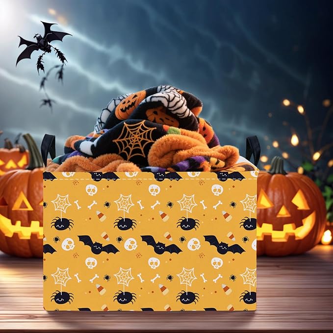 Halloween Basket Gift Cute Pumpkin Ghost Parties Decor Kid Trick or Treat Basket for Boys and Girls Rectangular Storage Bin Box (Bat Spider)-NeatNest