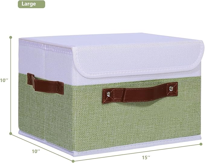 ANMINY 4PCS Storage Boxes with Lid Washable Decorative Storage Bins Basket with PU Leather Handle Foldable Linen Fabric Storage Cubes Containers for Home Closet Organizer - Green White, Large Size-NeatNest