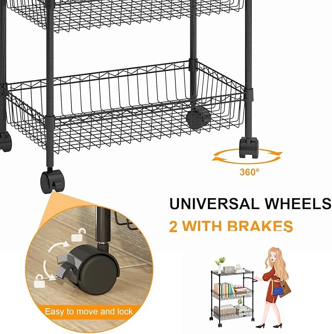 3 Tier Rolling Storage Cart with Adjustable Wire Shelving, 360-Degree Rotating Wheels with Brakes, Sturdy Carbon Steel Build, Versatile for Kitchen, Bathroom, and Office