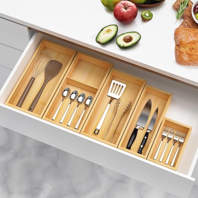 Bamboo Drawer Organizer Set, 5-PCS Adjustable Kitchen & Office Drawer Organizers, Multipurpose Storage Trays for Utensils, Makeup, Jewelry, Bathroom & Desk Accessories-NeatNest
