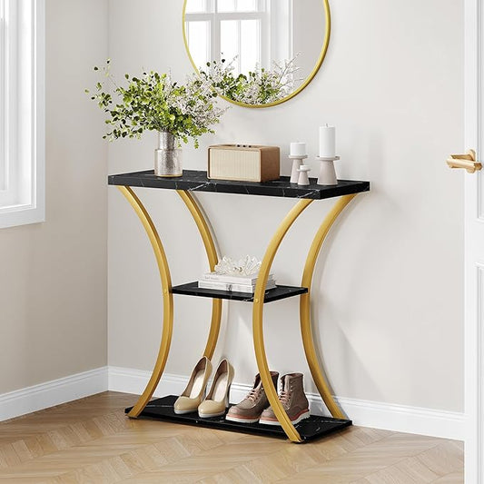Hoctieon 3 Tier Console Table with Open Wood Shelves, Decorative Entryway Table with Curved Metal Frames, Narrow Sofa Table for Entrance, Living Room, Hallway, Gold and Black Marbled-NeatNest