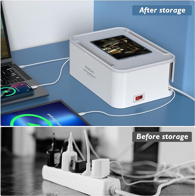 Power Strip with Cable Management Box, Redagod Surge Protector 8 Outlets and 3 USB Ports with Switch Control, 6.6 ft Flat Plug Extension Cord, Organizer Charging Station for Kitchen, Dorm, Office,Home