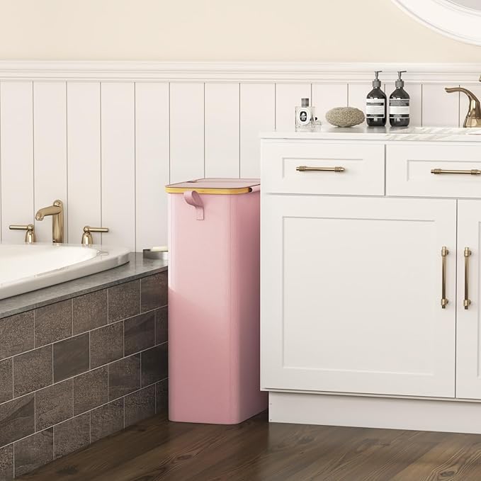 Lifewit 75L Slim Laundry Hamper with Lid, Narrow Laundry Basket with Removable Bag & Bamboo Handles, Fodable Thin Dirty Clothes Hamper for Laundry Collapsible Bin for Bathroom Bedroom Dorm, Pink-NeatNest