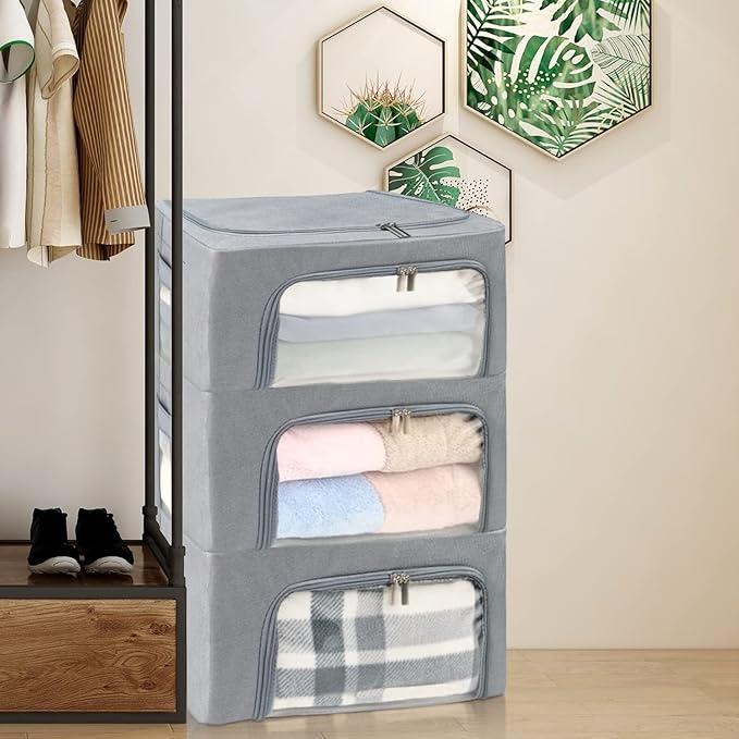Clothes Storage Box Bins Stackable Foldable Organizer,Sturdy Handles with Metal Frame for Clothing Bedding Shelves,Closet Container with Clear Window Zipper and Label Holder (Gray, 22L x3 Pack)-NeatNest