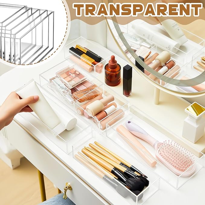 5 Pack Acrylic Desk Drawer Organizer, Makeup Drawer Organizer Trays, Storage Bins for Makeup, Jewelry, Gadgets for Kitchen, Bedroom, Bathroom, Office