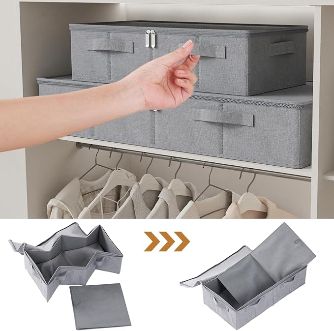 Underbed Storage Box, Foldable Under Bed Bins Container, Fabric Closet Organizer with Lid, for Clothes, Sheets, Blankets, 23.6x11.8x5.9in, Grey, 3 Pack-NeatNest