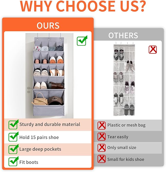 FENTEC 1 Pack Over-the-Door-Shoe-Organizers, Hanging Shoe Organizers with Large Pocket Shoe Holder Hanging Shoe Rack for Closet Shoe Organizer for Wall, Over Door Organizer with 15 Pockets Gray-NeatNest