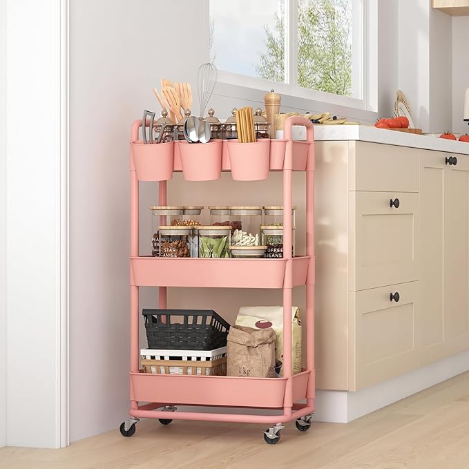 JIUYOTREE 3-Tier Plastic Rolling Storage Cart Utility Cart with Extra Hanging Cups Handles Lockable Wheels for Living Room Bathroom Kitchen Office Pink-NeatNest