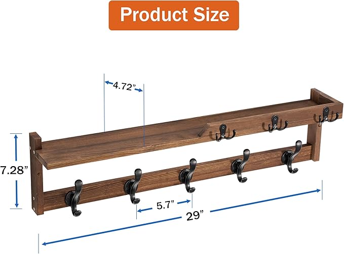 29'' Coat Rack Wall Mount with Shelf, Coat Hanger Wall Mount with Key Hooks and Mail Holder, Wood Entryway Floating Shelf with Hooks and Storage, Hat Rack for Wall Key Holder Mail Organizer