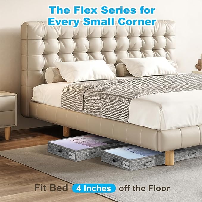 4 Inch Low Profile Under Bed Storage Drawer 2 Pack, Lightweight Underbed Clothes Storage Container Bins with NO STURCTURE, Shallow Storage Bag for Dorm & Home, With Clear Lids and Waterproof Fabric-NeatNest