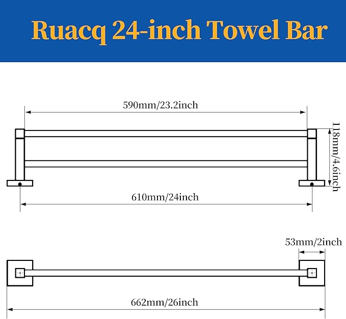RUACQ Double Towel Bar, 24 Inch Bath Towel Rack for Bathroom, Square Base Hand Towel Holder, 304 Stainless Steel Towel Hanger Wall Mounted,Heavy Duty(Matte Black)