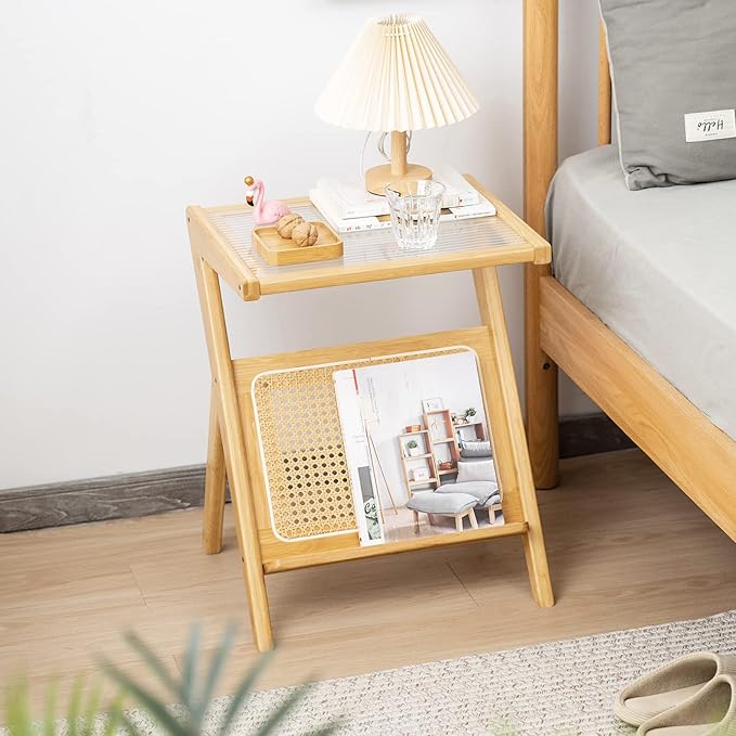 Tiita Rattan Side Table, Mid Century Nightstand, Bamboo Accent Bedside Tables, Glass Coffee Tables, Boho Wooden End Table with Storage for Small Space, Living Room and Bedroom